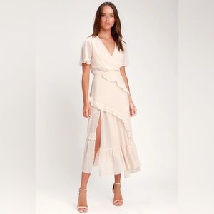 Lulu’s Next to You Cream Swiss Dot Ruffled Midi Dress